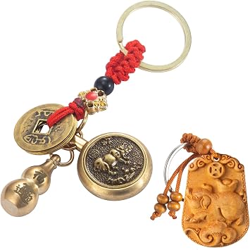2 in 1 Feng Shui Wu Lou Brass Gourd 12 Zodiac Wood Carved Lucky Key Chain - Chinese Style Gift for Collecting and GiftingPig