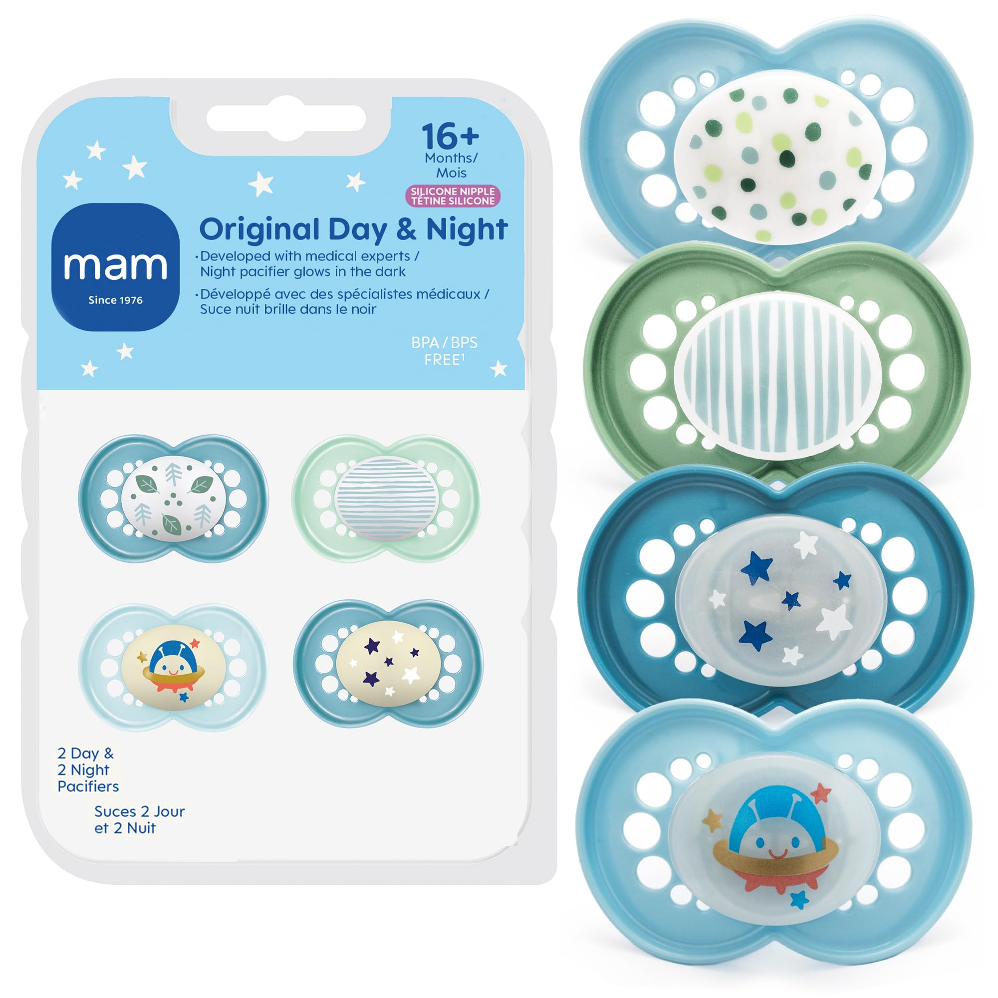 MAM Original Baby Pacifiers 16+ Months, Binky for Newborn Babies, BPA-Free Skin Soft Silicone Nipple, Glows in The Dark, Developed with Medical Experts, 4 Count, Sterilizer Case, Made in Europe