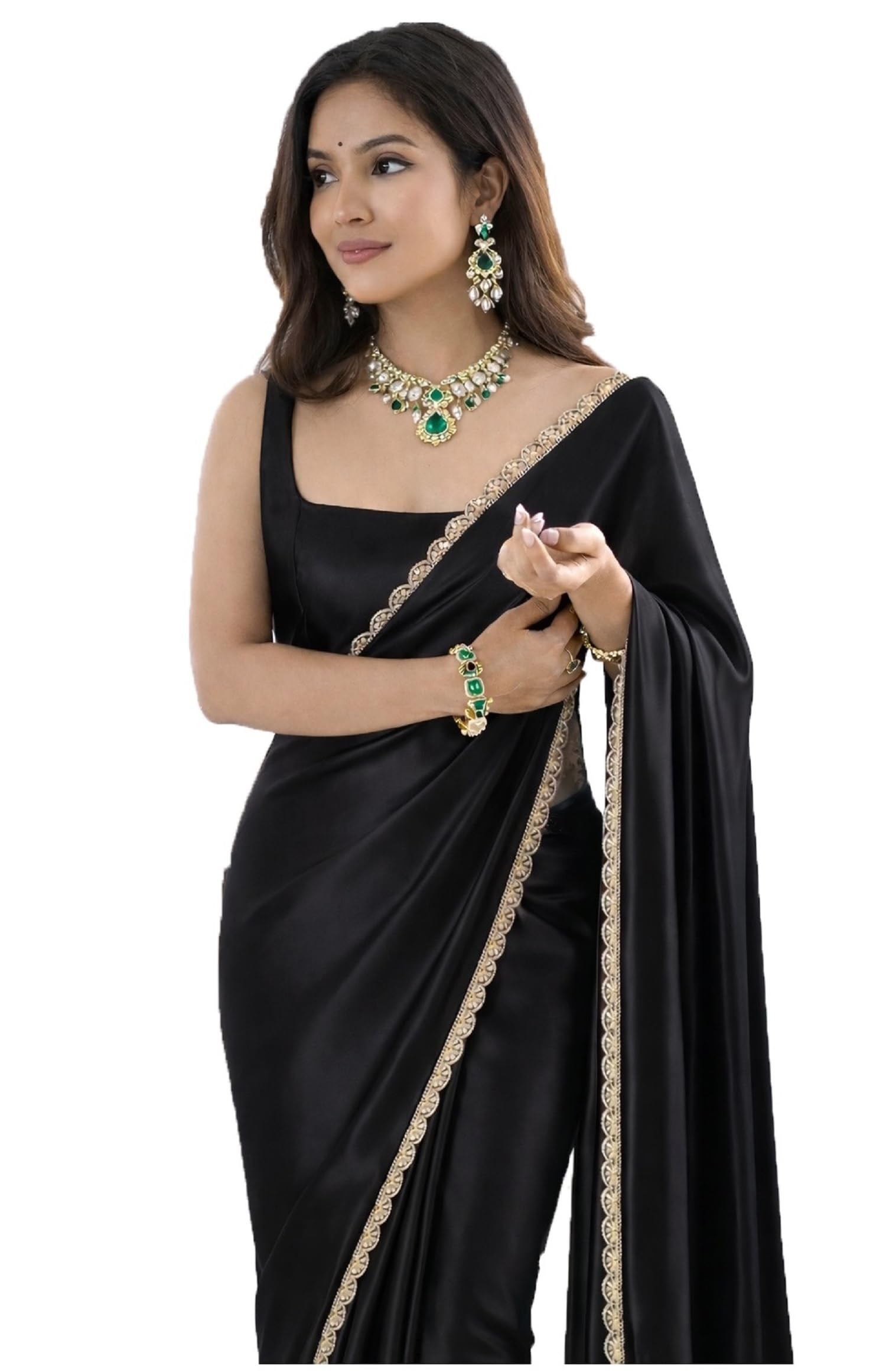 Ready To Wear Readymade Stitched Saree For Women Pre Pleated Satin Silk Lightweight Easy Drape With Unstitched Blouse (Black)-image-41