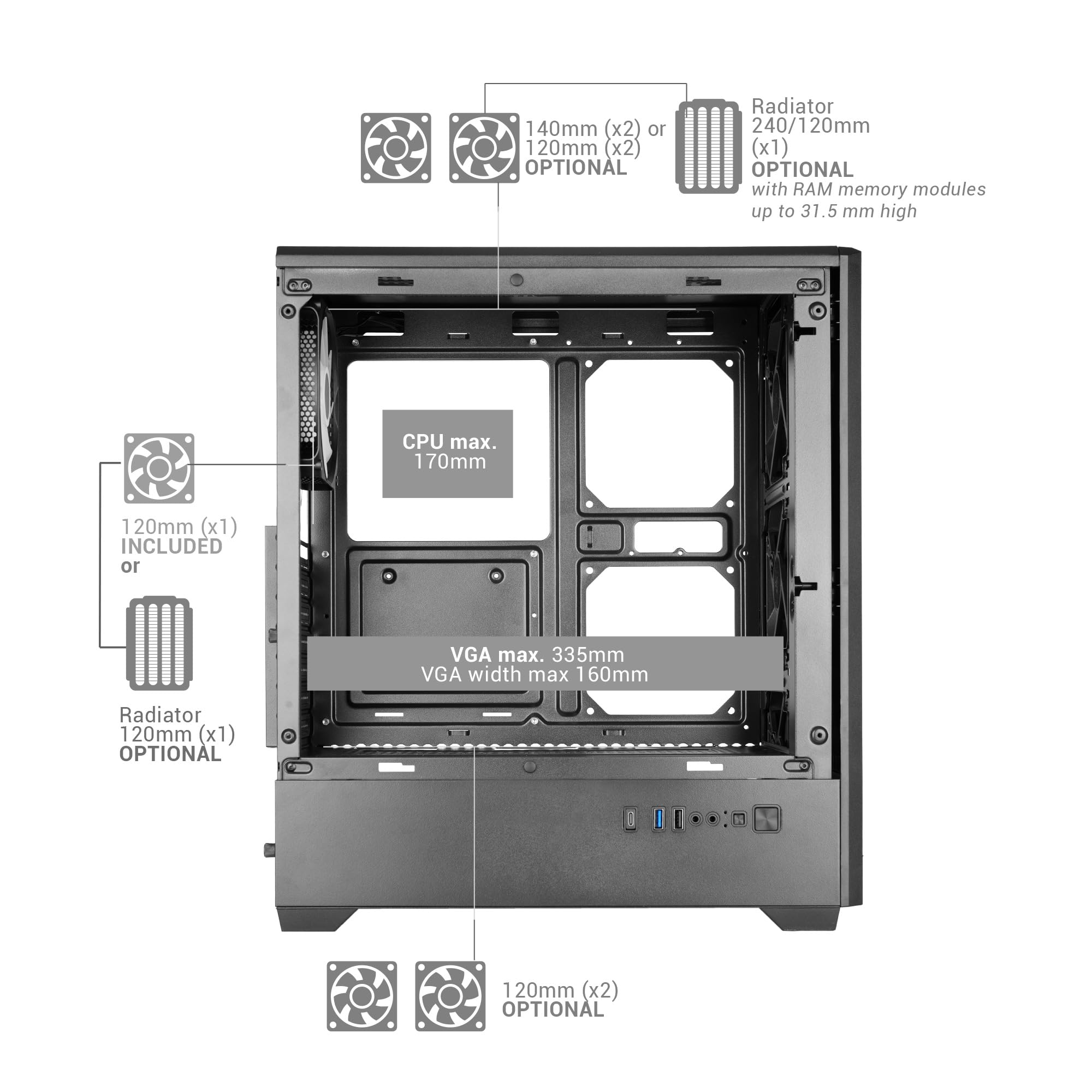 Mars Gaming MC-Quantum, Caja PC Gaming ATX, Frontal Mesh con Tira LED ARGB, Cristal Templado Lateral Completo, 4X Ventiladores FDB 120mm, Soporte Refrigeración Líquida hasta 240mm, USB-C, Negro