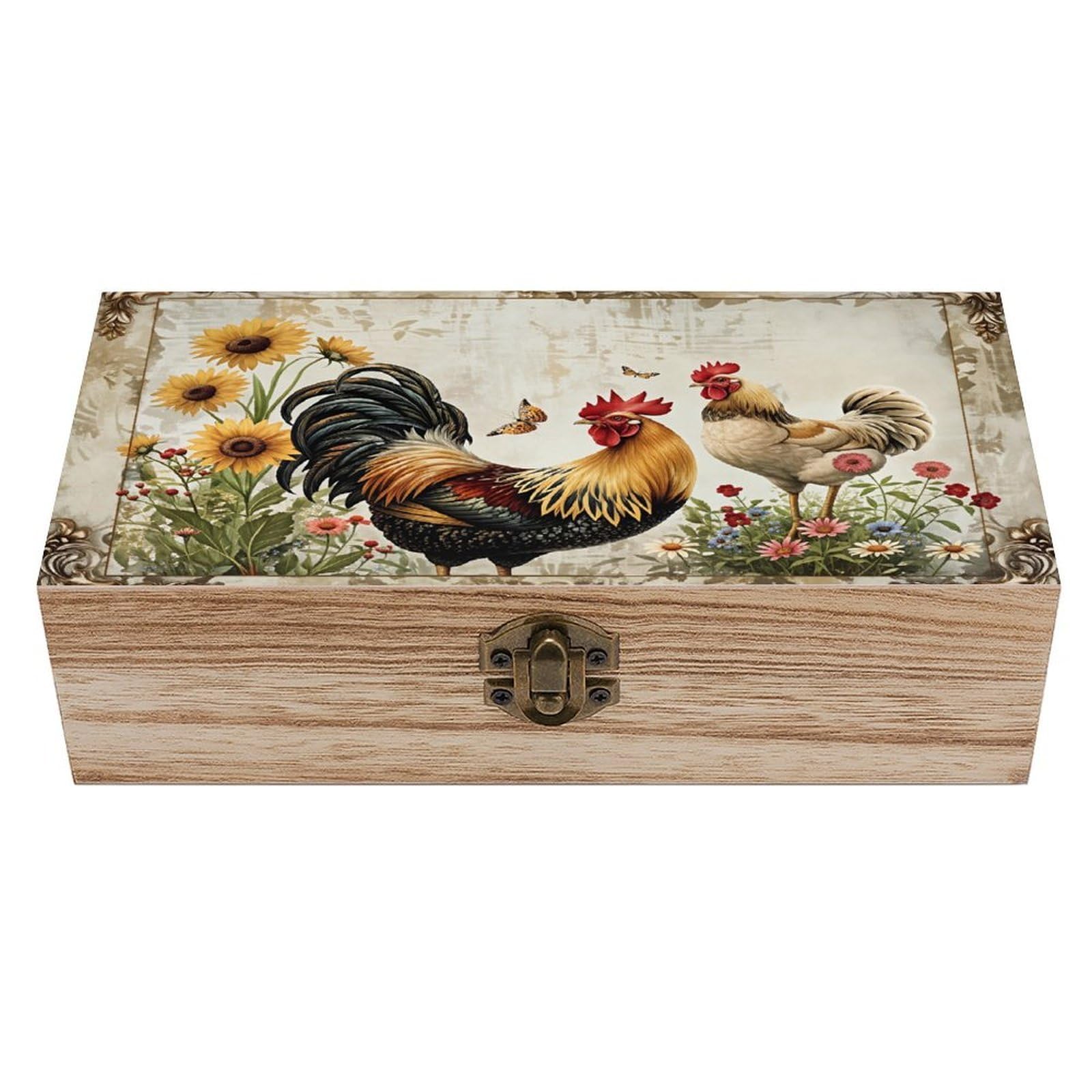 HLBSDM Farmhouse Rooster Vintage Wooden Keepsake Box with Hinged Lid And Locking Clasp, Decorative Storage Box for Jewelry, Trinkets And Small Accessories, Organizer for Home Or Wedding