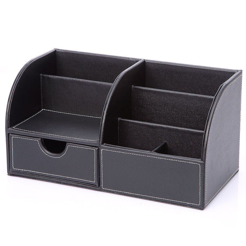 Kingfom ™ 7 scomparti multifunzione PU ufficio da scrivania, desktop cancelleria Storage box Collection, Business card/pen/Pencil/mobile phone/Remote Control Holder Desk forniture organizer Full Black Leather