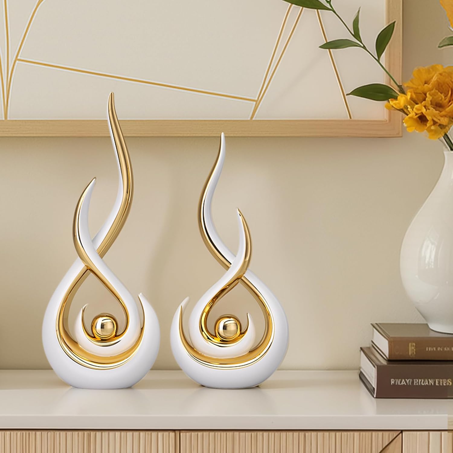 Modern Abstract Art Home Decor Accent,Contemporary Statues Coffee Table Decor for Living Room,Table Centerpieces for Dining Room,Ceramic Sculptures Knick Knacks for TV Stand Show Piece (White Gold)