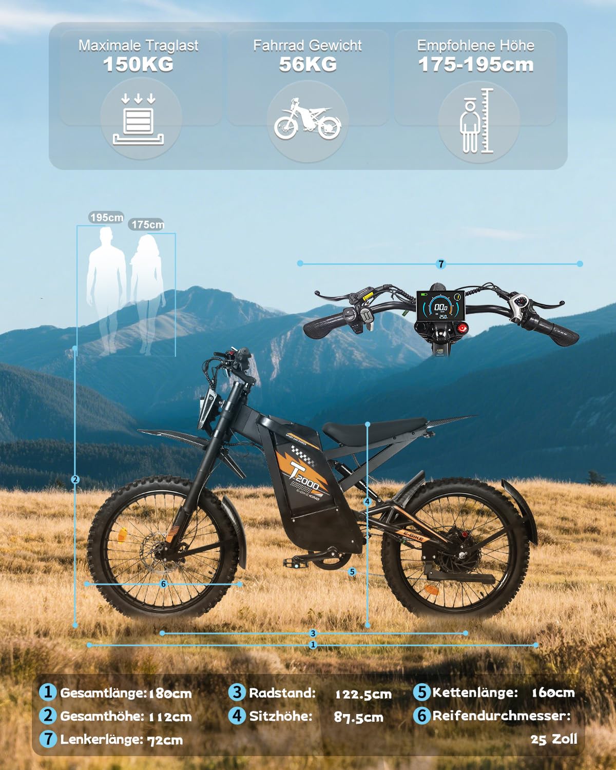 OUXI 2000 Offroad E-Bike Dirtbike Elektrofahrrad, 150Nm Drehmoment, 48V 30Ah Akku, 25 Zoll Reifen, Hydraulische Scheibenbremsen, Vollfederung, mit Blinker, E-Motocross