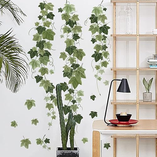 Miniatura 3 de Runtoo Calcomanías de pared colgantes de vid, hojas de hiedra verde, calcomanías de pared para dormitorio, sala de estar, decoración artística de