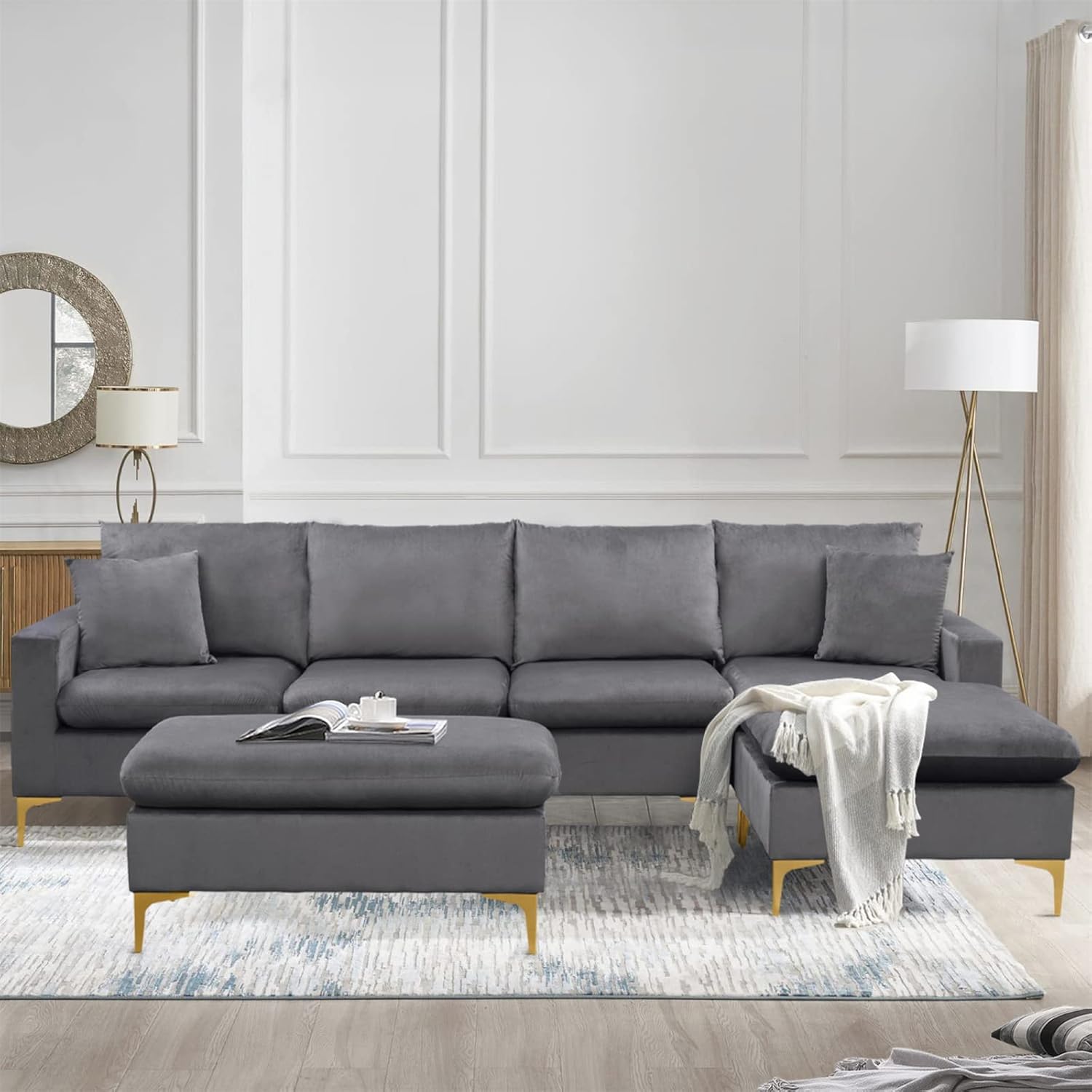 Sectional Sofa with Ottoman, L-Shape Elegant Velvet Upholstered Couch with 2 Pillows for Living Room Apartment