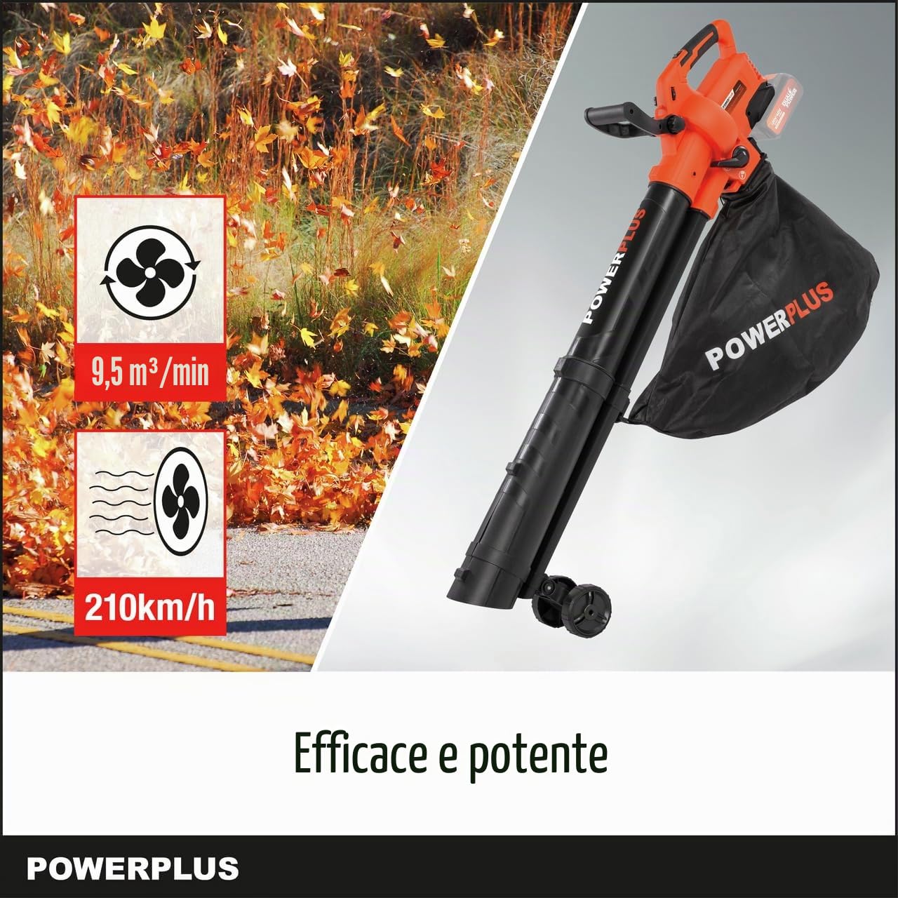 POWER plus - Soffiatore a batteria Dual Power POWDPG75270-40 V, 3 in 1: triturazione, bolle e aspirazione, velocità massima dell'aria di 210 km/h, senza batteria e caricatore