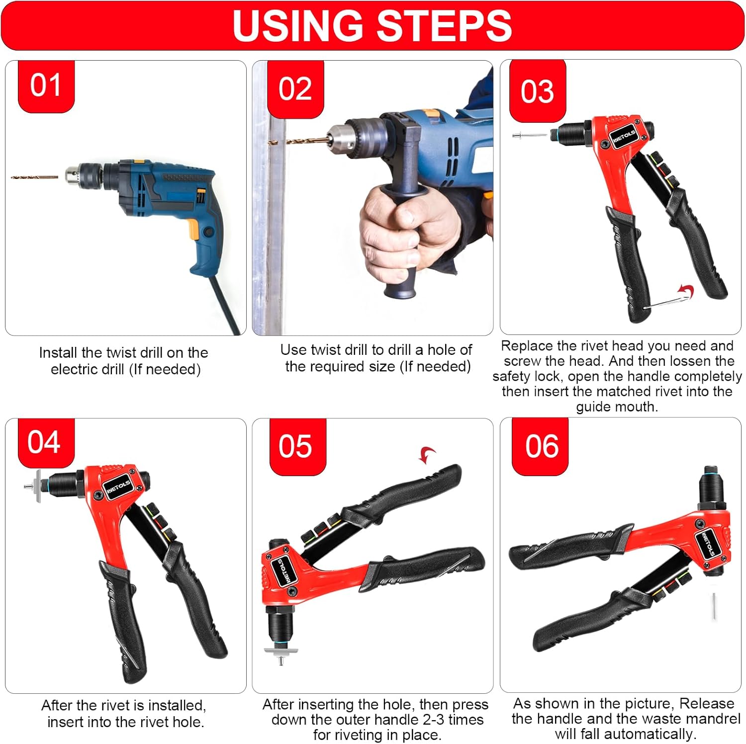 WETOLS Pop Rivet Gun Kit with 200 Blind Rivets, Upgraded Manual Single Hand Riveter with 4 Tool-Free Interchangeable Rivet Heads and 4 Drill Bits, Pop Rivet Tool Kit with Sturdy BMC Carrying Case