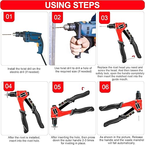 Miniatura 9 de WETOLS Kit de pistola de remache y herramienta de tuerca de remache, pistola de remache manual con 4 cabezales de remache con 200 remaches,