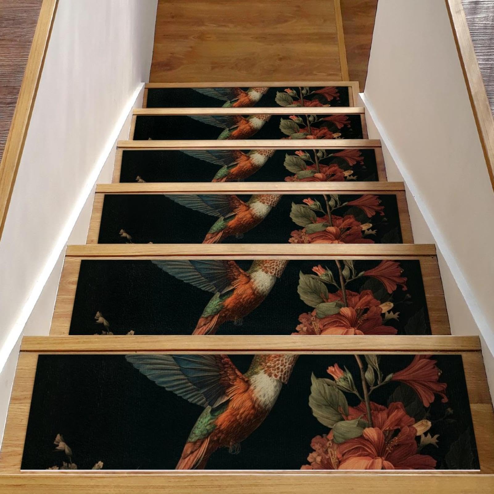 Tapis d'escalier antidérapant lot de 3 marches en bois motif colibri 76x20 cm