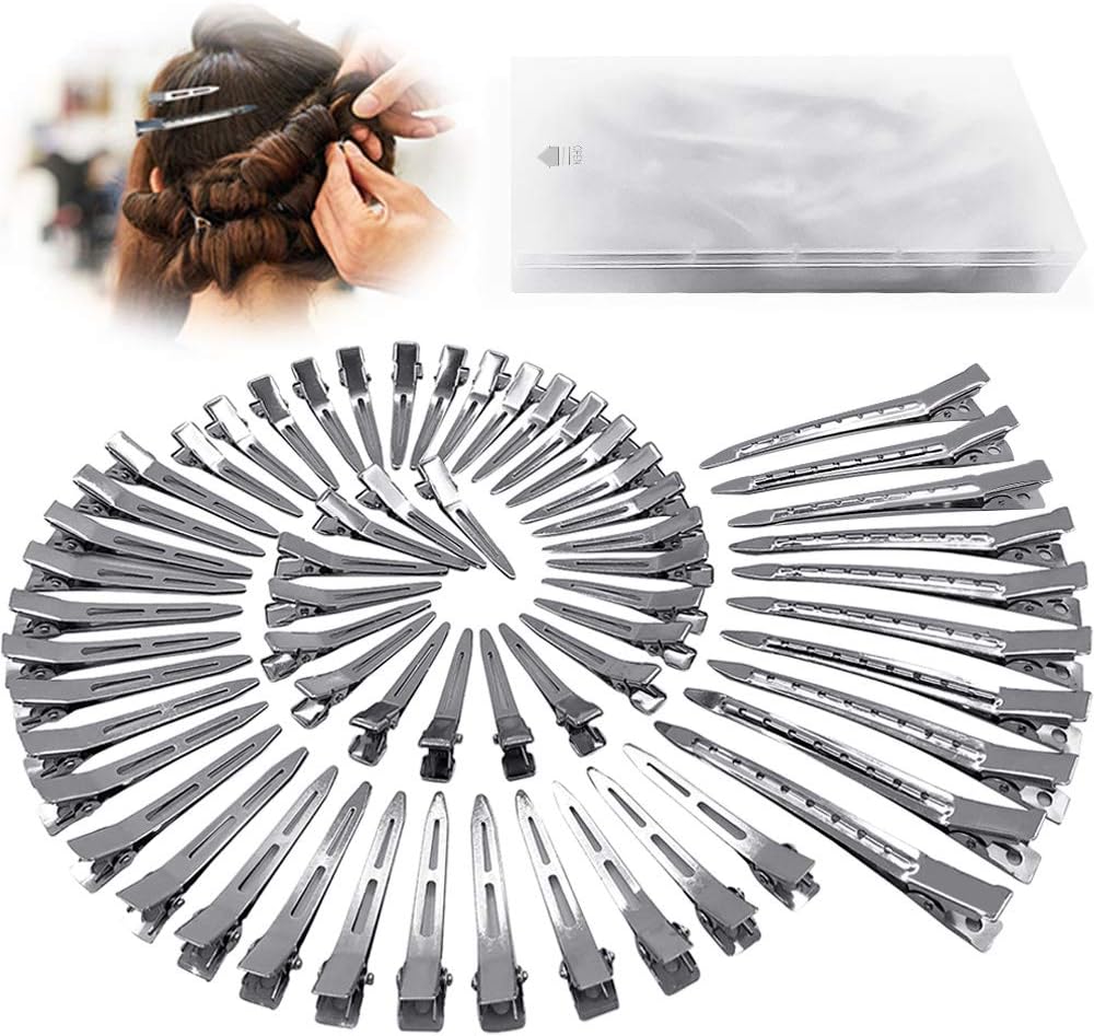 HiJeaton 60Pcs Metal Duck Billed Hair Clips for Women Styling Sectioning, Silver Hair Pins for Long Hair, Alligator Curl Loc Clips for Thick Hair Roller, Salon, Bows DIY