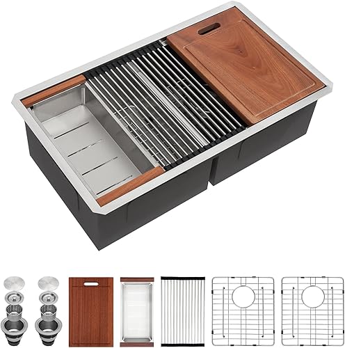 Vista 28 de Sarlai Fregadero doble de 33 piezas para empotrar - Fregadero de cocina de 33 x 19 pulgadas, acero inoxidable de calibre 16, esquina redonda, doble