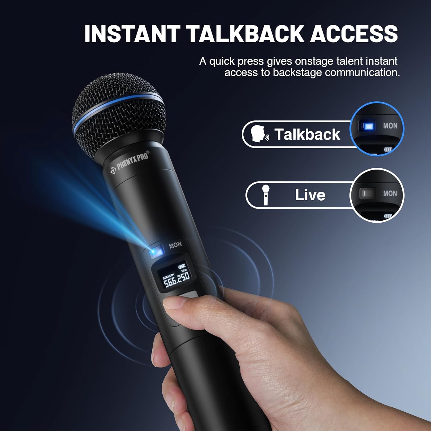 Phenyx Pro UHF Smart Wireless Microphone System, Dual Cordless Mics w/Auto Scan&Sync, Adaptive RF Power, Talkback Function, 2x100 Freq, 328 ft, Dynamic Microphones for Live Show, Event (PTI-2) - Image 4