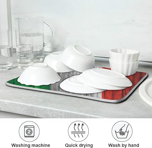 Miniatura 6 de Tapete de secado de platos de madera con bandera italiana vintage, tapete escurridor de platos de microfibra reversible para encimera de cocina, 18