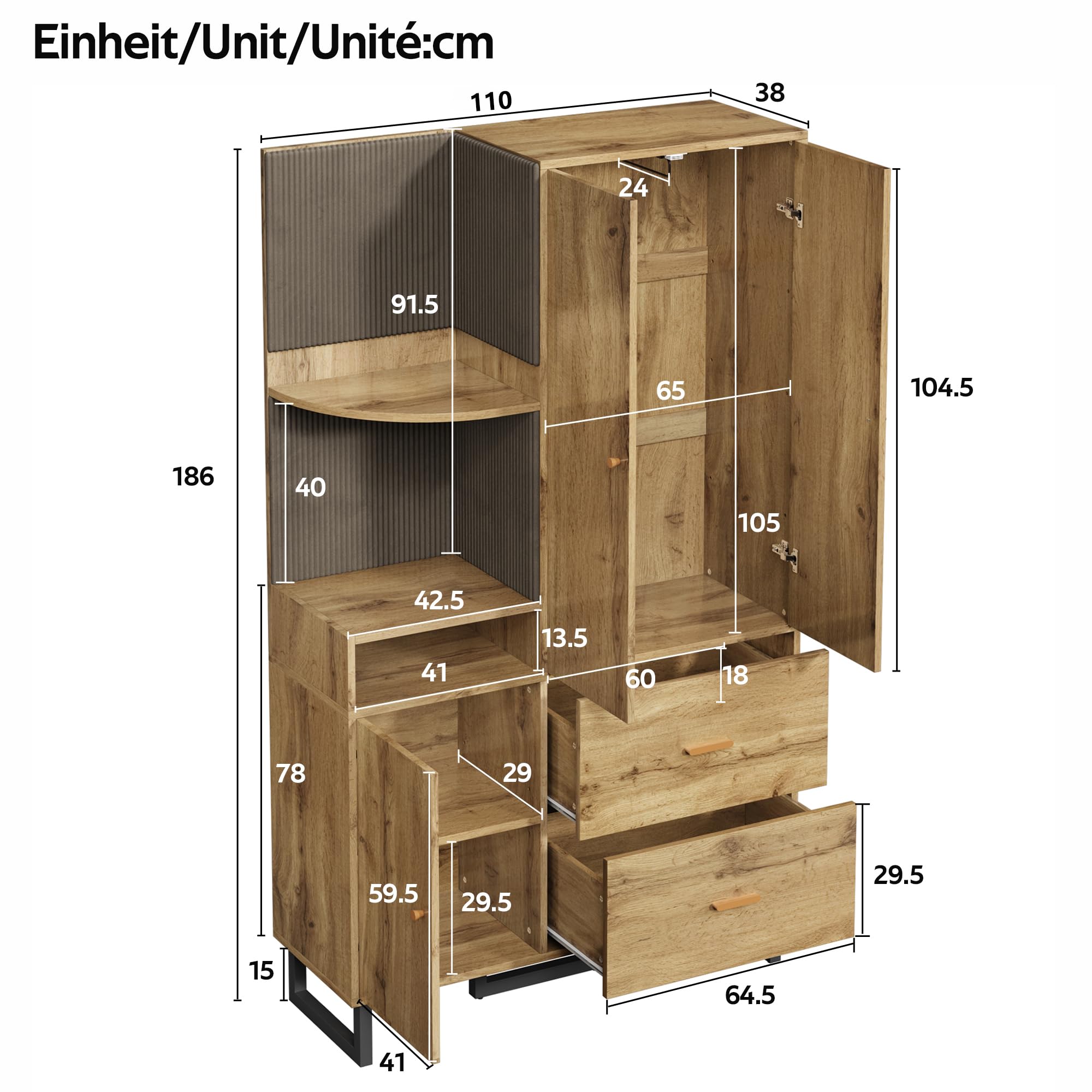 SUKY Appendiabiti compatto, 110 x 186 x 38 cm, guardaroba per corridoio, corridoio, armadio con pannelli imbottiti (nero, naturale)