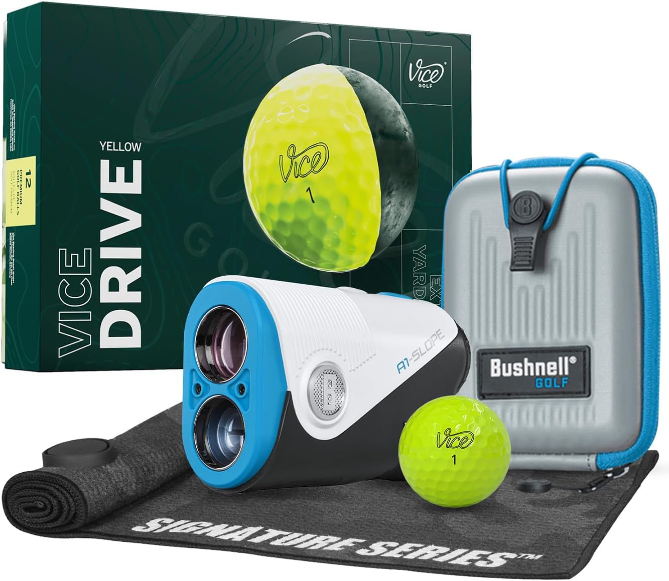 Bushnell Golf A1-Slope Ultra-Compact Laser Rangefinder with Vice Balls | Slope Compensation, Magnetic Skin, PinSeeker, 1300 YD Range, 6X Magnification | Signature Series Golf Towel