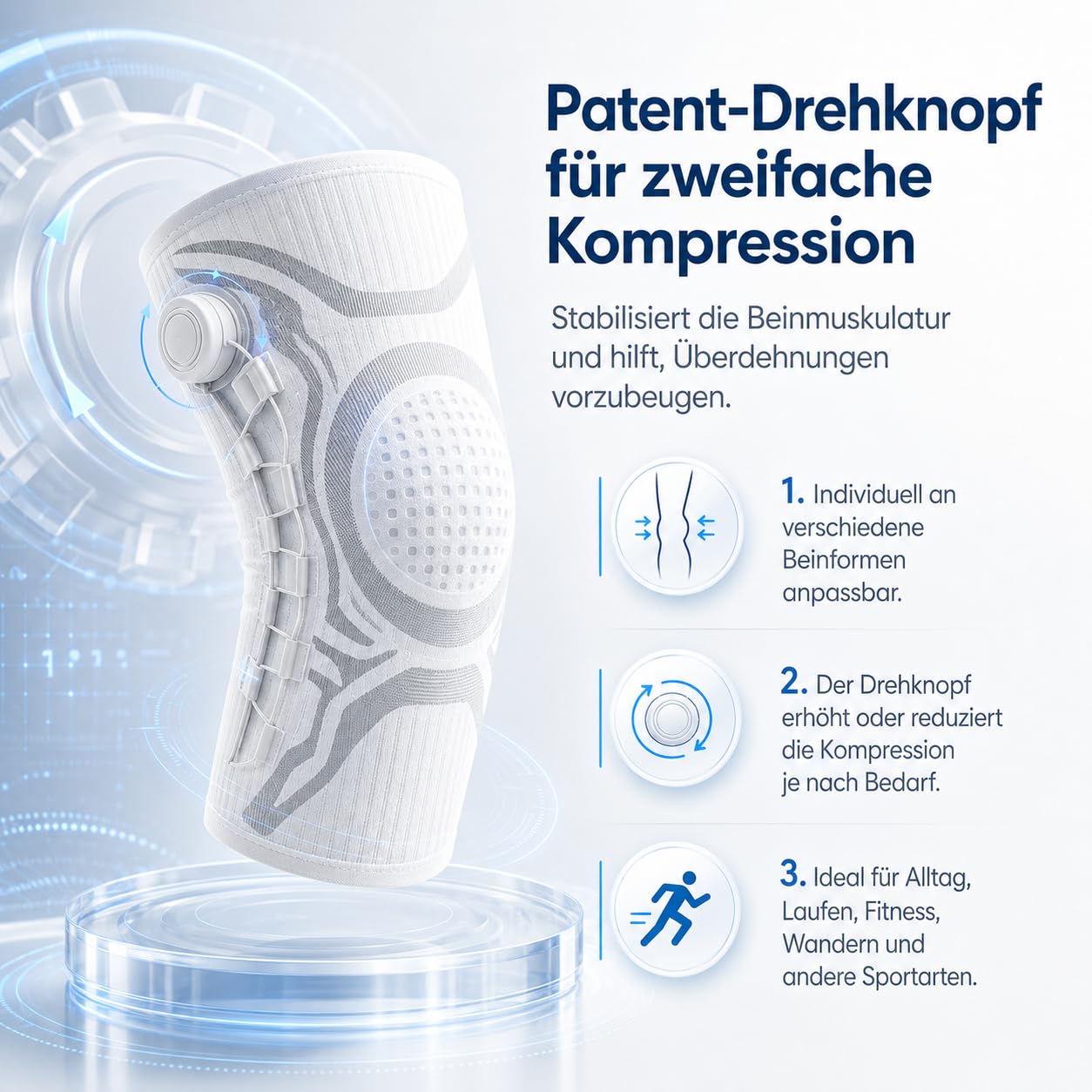 VILAO Kniebandage Drehverschluss Patellarschutz 3D Kompression Stabilität Sport Laufen Fitness Alltag Rutschfest Schwarz (2 Grauweiß,L)
