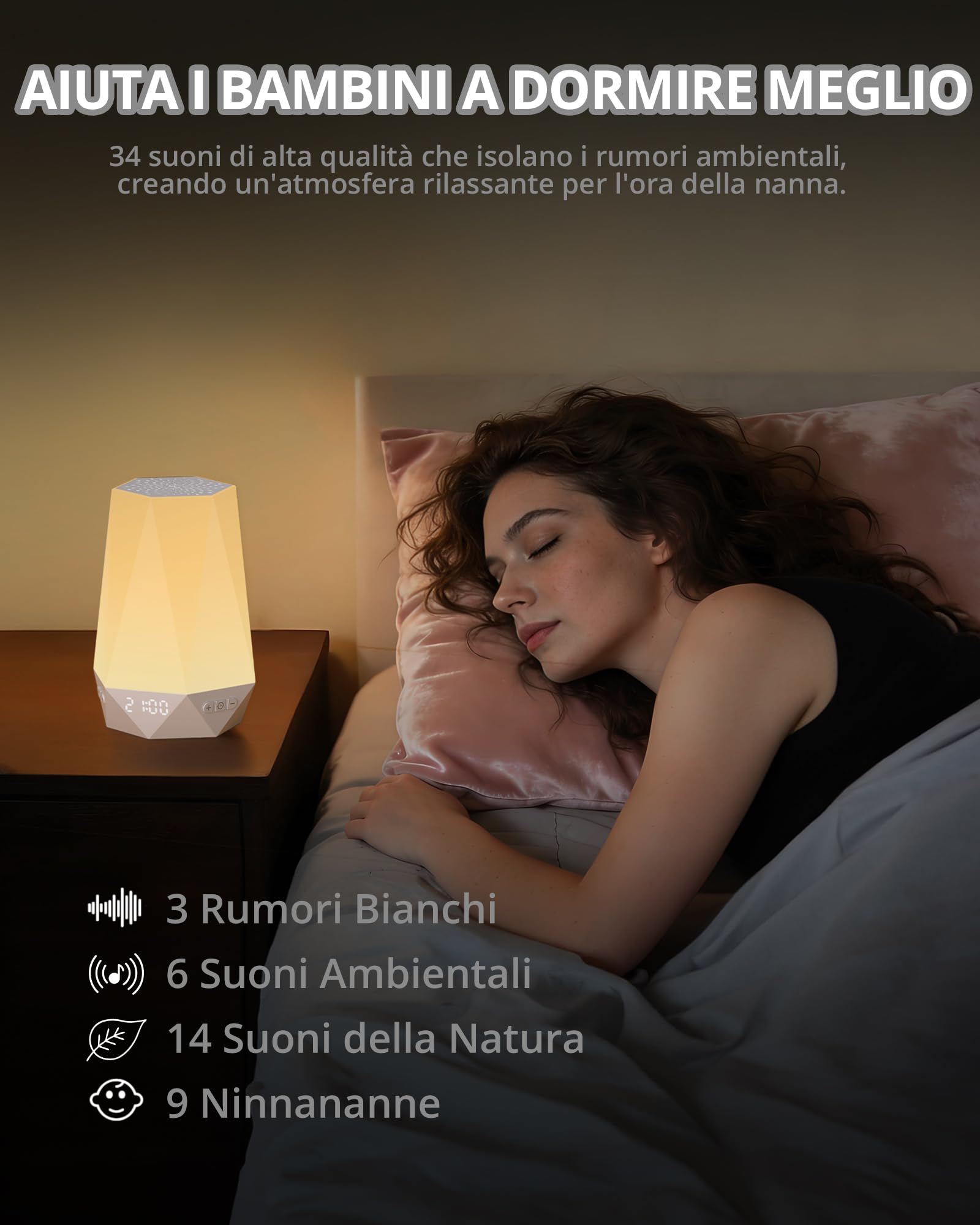 HOMGEN 3 IN 1 Macchina del Rumore Bianco + Sveglia per Bambini + Luce Notturna con 34 Suoni Rilassanti Rumore Bianco Neonato Supporta Controllo Tramite App Trainer del Sonno con Luce Notturna