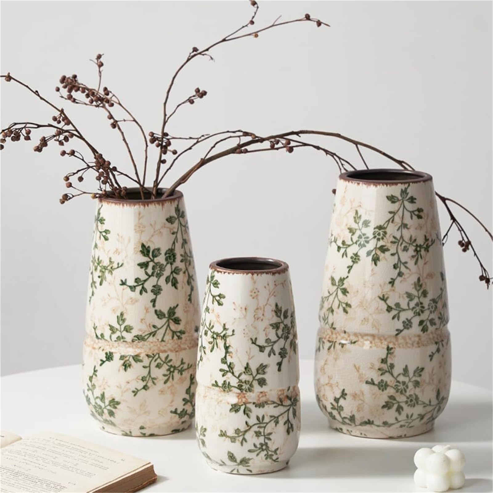 Ładny wazon ceramiczny zielony wazon kwiatowy Chinoiserie Crackle porcelanowe wazony na dekoracje stołu centralne półki (J1)