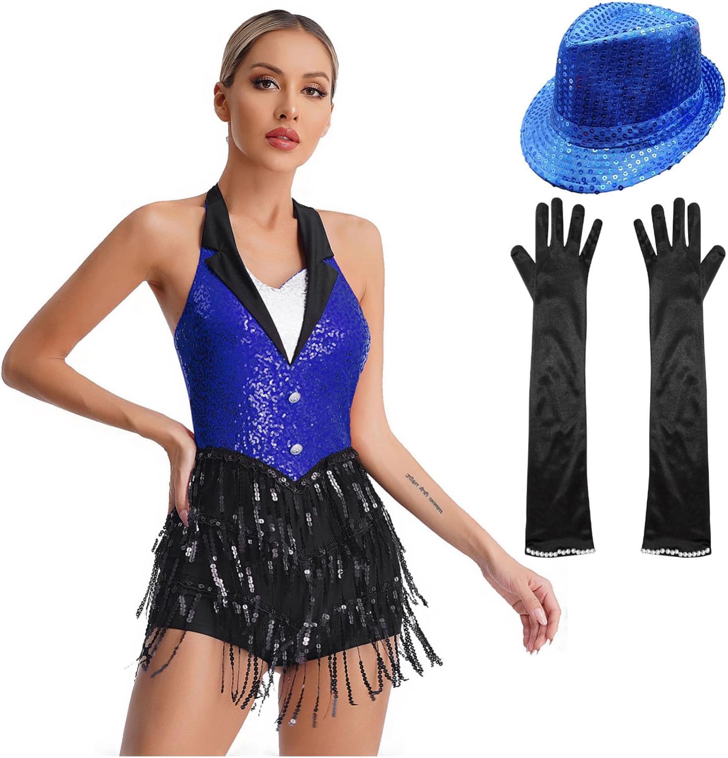 iEFiEL Women Latin Jazz Dance Costume Sparkly Sequins Tuxedo Ballet Gymnastics Leotard Ballroom Dance Dress