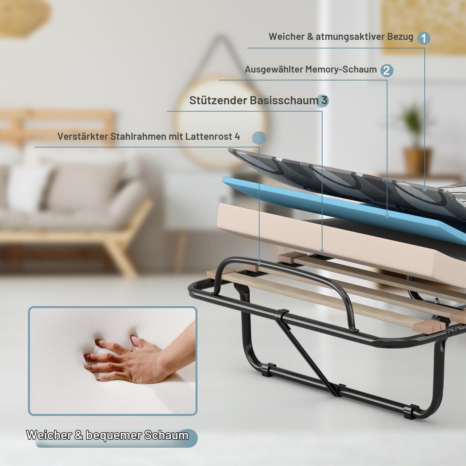 LIFEZEAL Klappbett, Klappbares Gästebett im Metallrahmen, Faltbares Einzelbett mit Matratze aus Memory Foam, Erwachsene Metallbett auf 4 Rädern (Grau, 190 x 80 x 33 cm)
