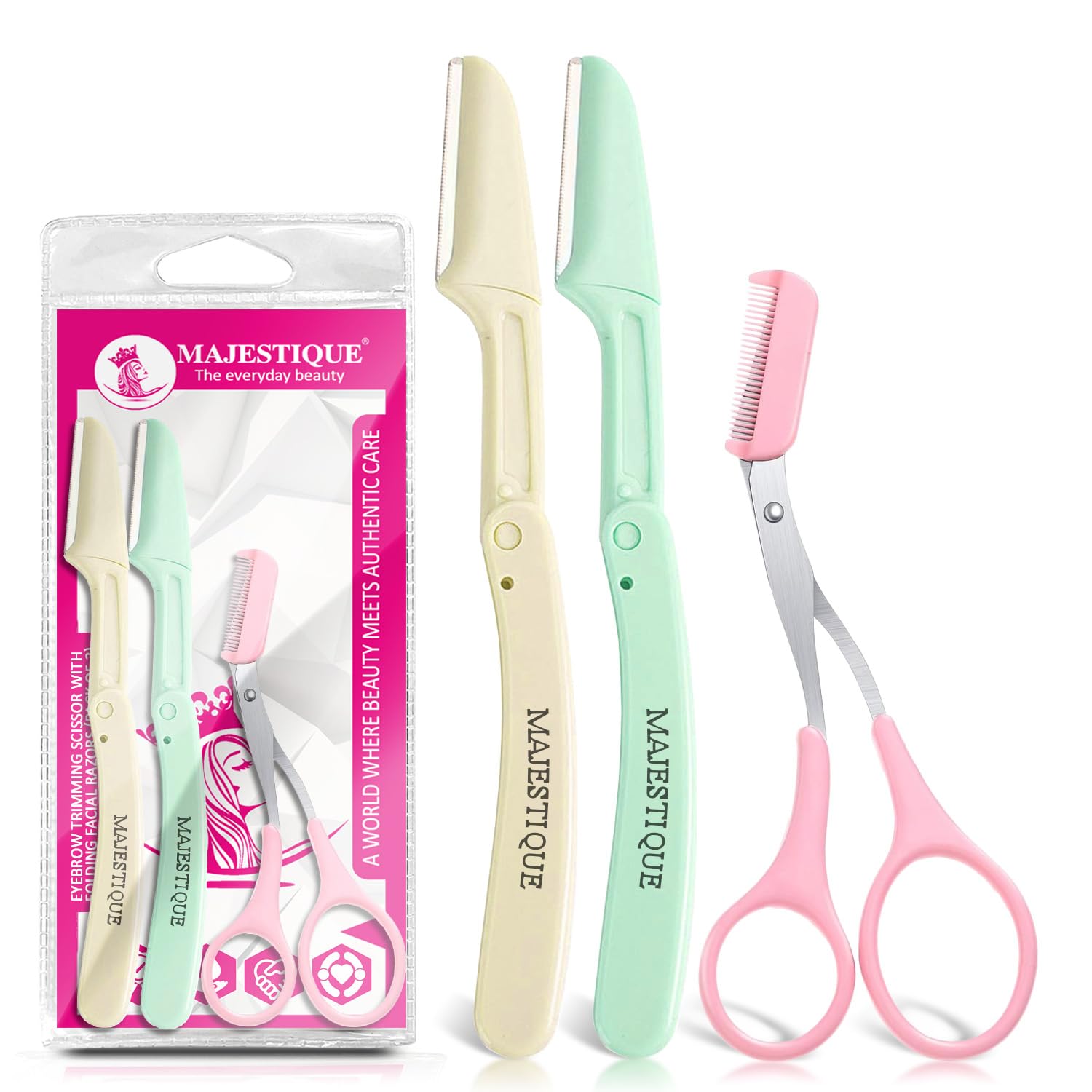 Majestique Reuseable Stainless Steel Folding Face Razers With Eyebrow Trimmer Scissor|Painless Facial Hair Remover Tool For Eyebrows,Forehead,Upperlips,Chin,Peach Fuzz,Sideburns|Dermaplaning Tool (B0CSJZ78HL) Amazon Price History, Amazon Price Tracker
