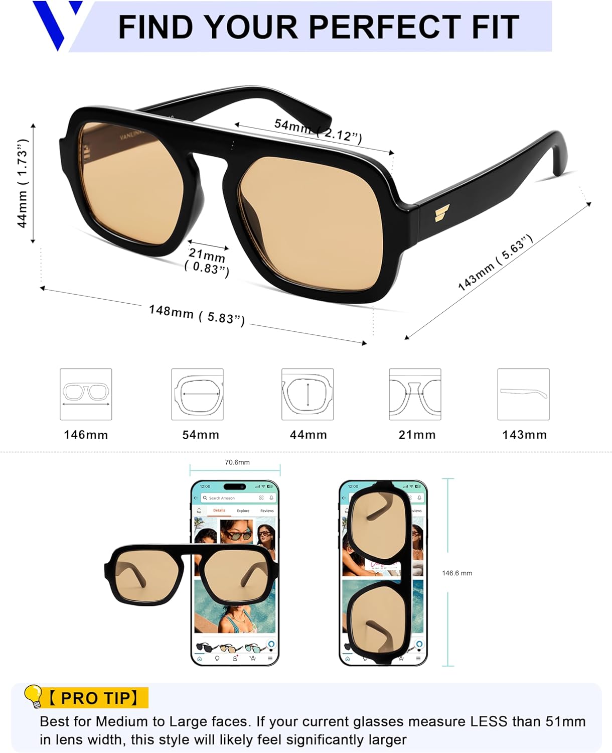 VANLINKER Oversized Retro Square Aviator Sunglasses for Women Men 70s Vintage Style Trendy Big Flat Top Sun Glasses VL9826 - Image 5