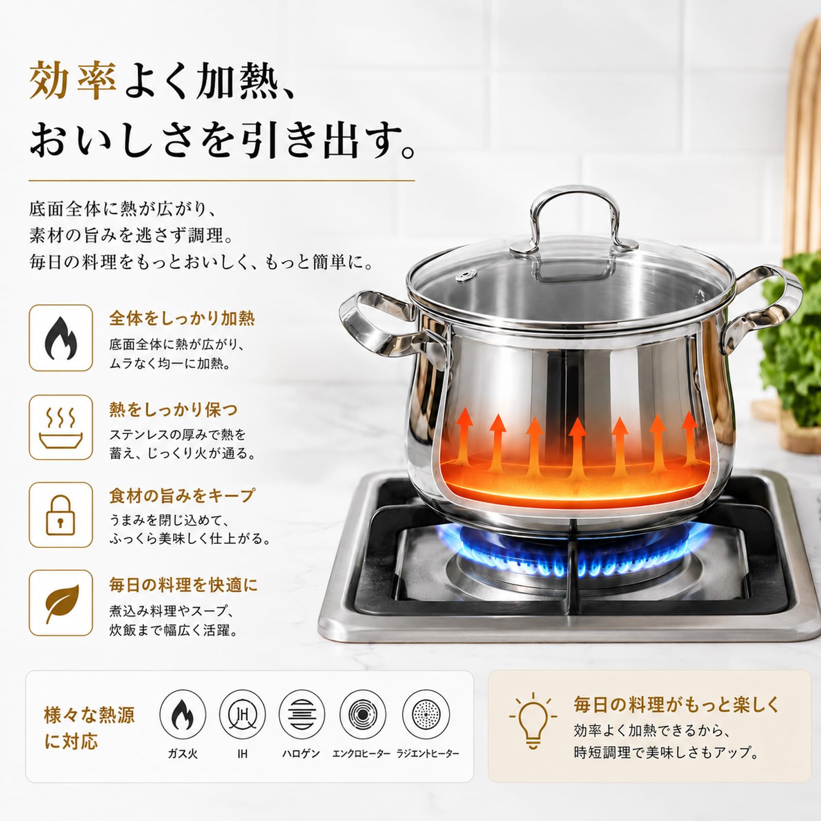 DELARLO 三層構造ステンレス製スープ鍋, 大容量, IH対応, 強化ガラス蓋付き,シルバー, 18/10ステンレス製調理表面 (6.5L蒸し器付き)