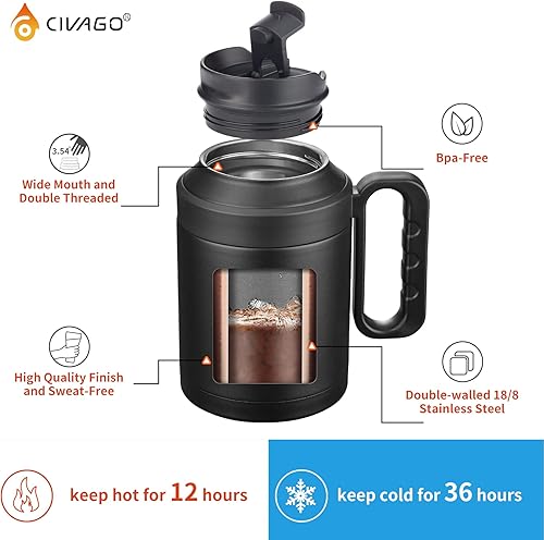 Miniatura 2 de CIVAGO Botella de agua aislada de 50 onzas con asa y popote, botella de agua deportiva de metal grande, taza de acero inoxidable con tapa, color