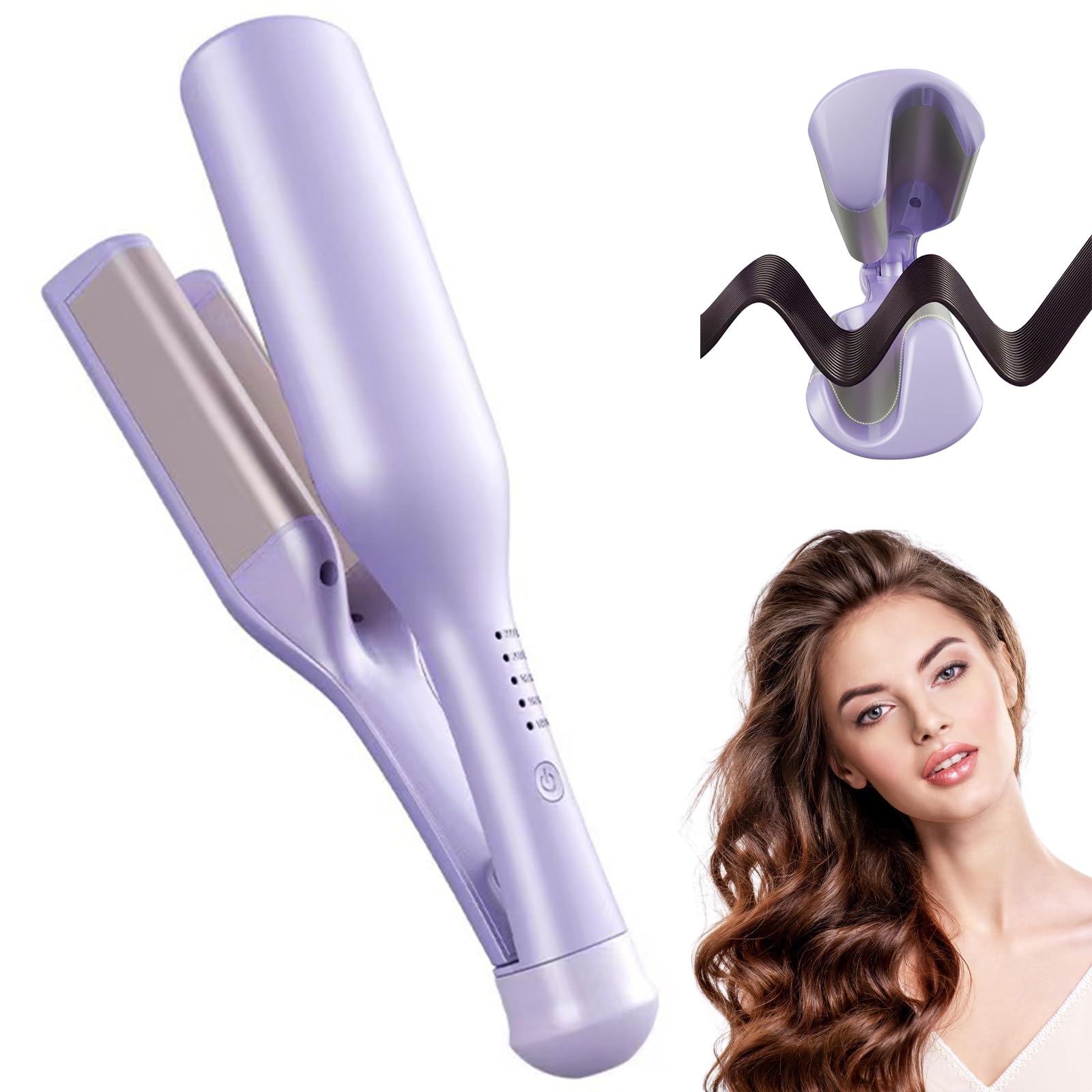 Rizador de Pelo, 32mm Rizador Pelo Ondas, 2 Barriles Ondulador de Pelo Iónico, 5 Temperatura Ajustable, Anti-Escaldaduras Rizador Francés, Plancha Ondas para Grandes Rizos (Morado)