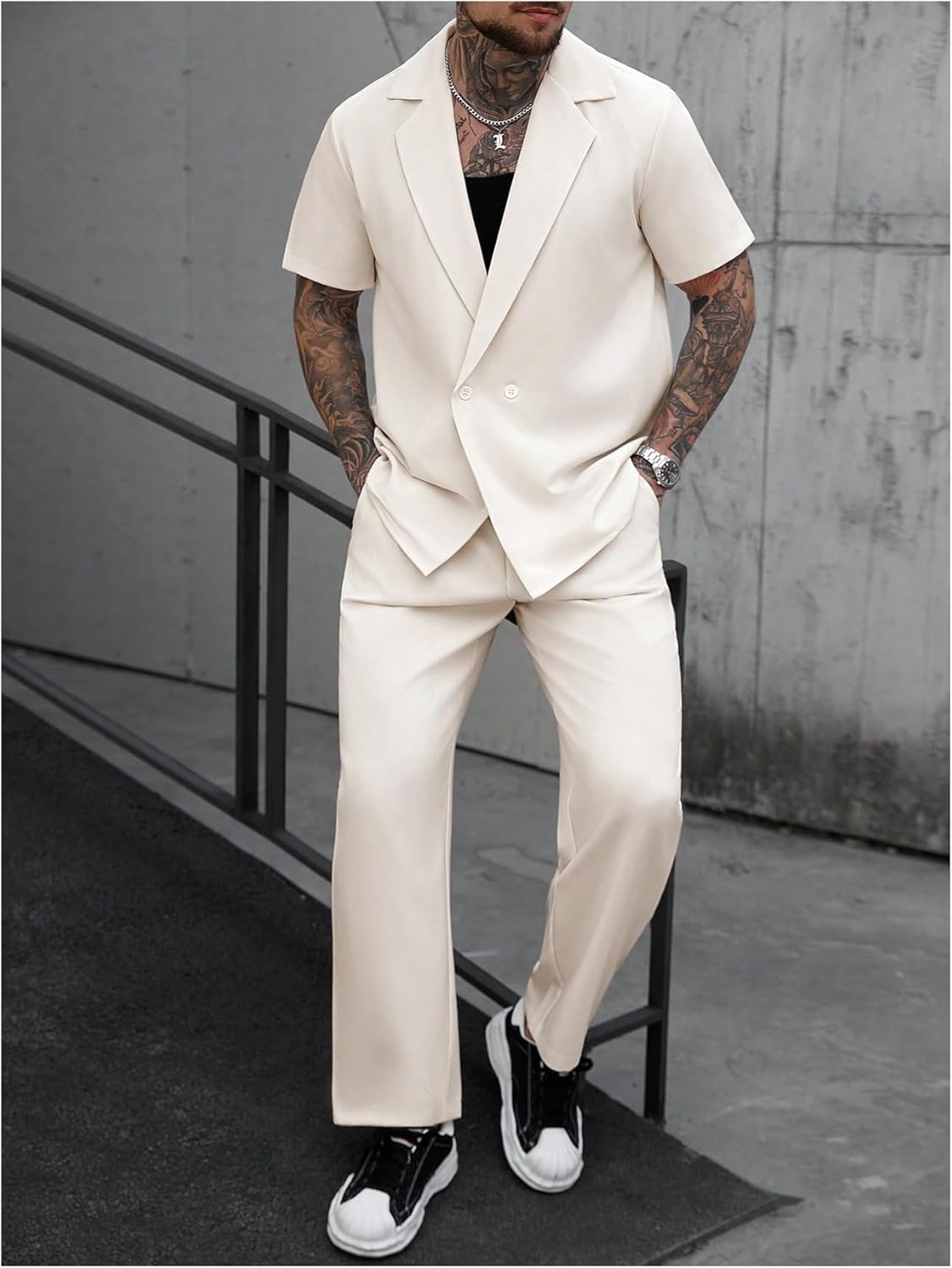 VIPWOLF Men's Cruise Outfits 2 Piece Lapel V Neck Button Down Shirts and Casual Pants Sets