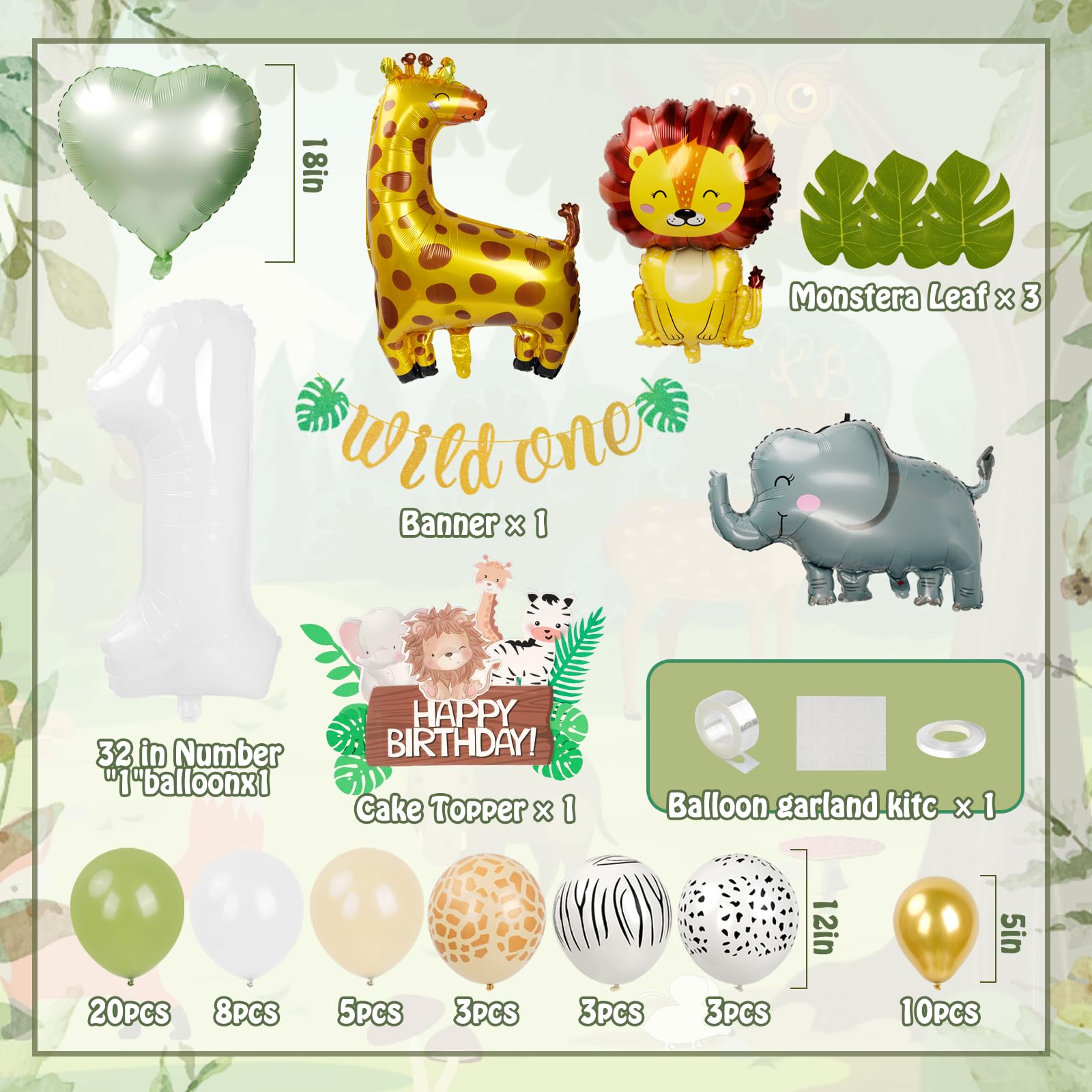 Sfondo per feste di animali della giungla Tavola KT Foresta verde Decorazioni per feste di primo compleanno Bambini Jungle Safari Compleanno Baby Shower Fornure  15