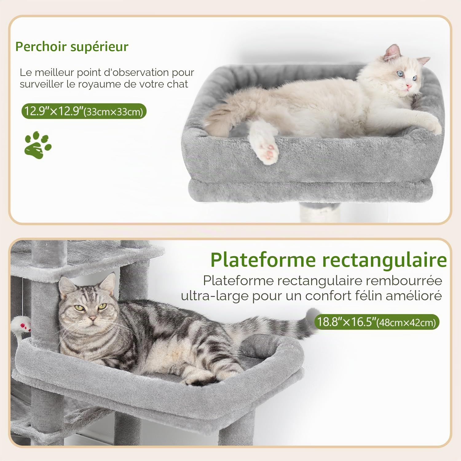 Globlazer Arbre a Chat pour Grand Chats Hauteur 165cm avec 2 Grandes Plateforme Rembourré 48*42CM, Extrlarge Hamac, Niche, Perchoir, Stable Arbre à Chat avec Soutien pour Chats Adult (S65, Gris Clair)