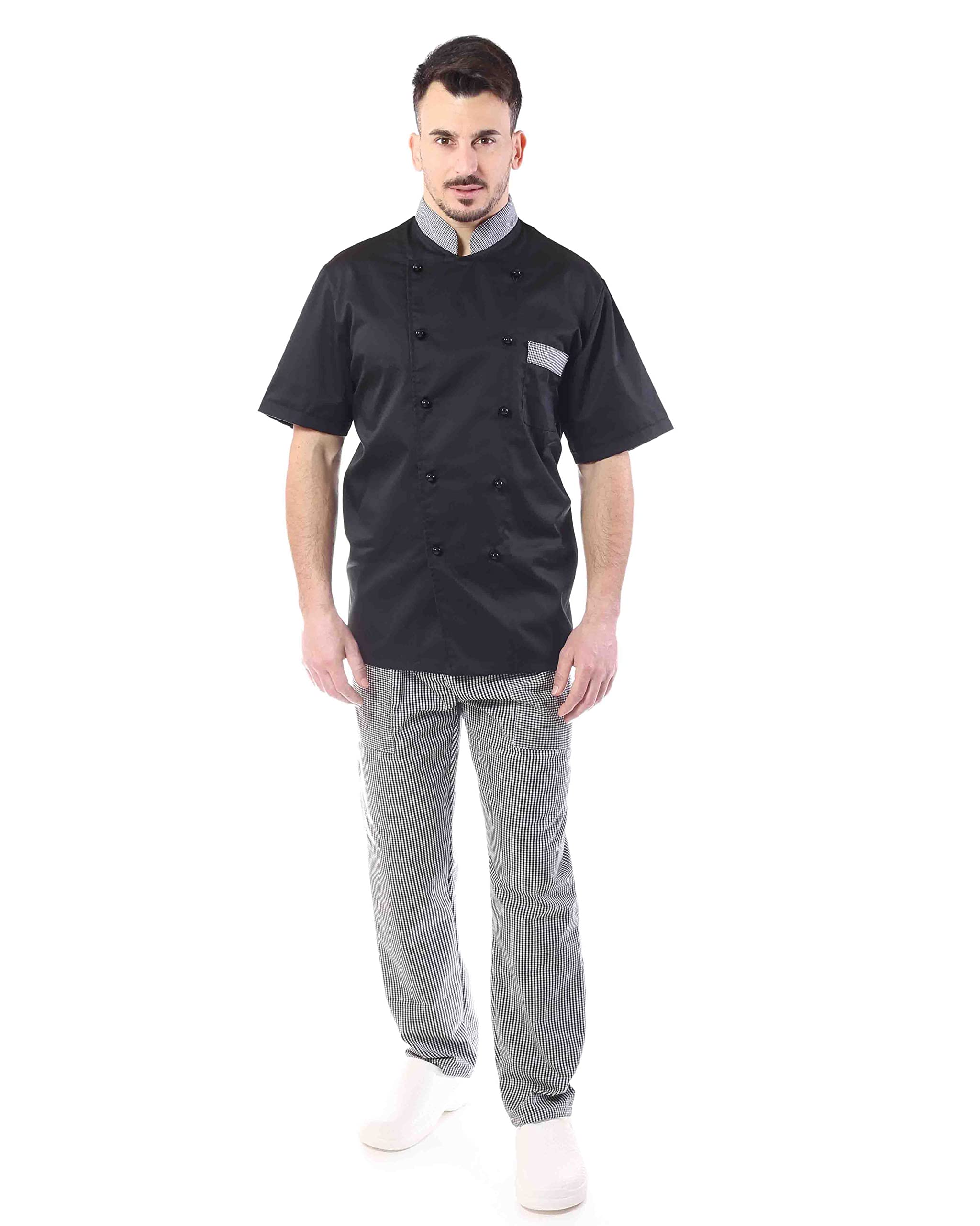 Ricamo Gratuito Completo Cuoco Uomo - Divisa Chef Nera e Pied de Poule Personalizzabile - Manica Corta - Giacca, Pantaloni e Grembiule - Uniforme per Cucina e Ristorante