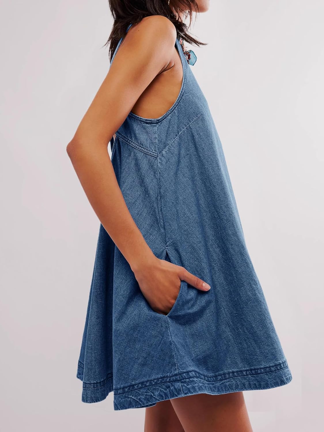 utcoco Women's 2025 Summer Sleeveless Denim Mini Dress Back Cut Out A Line Swing Jean Tank Dress - Image 5
