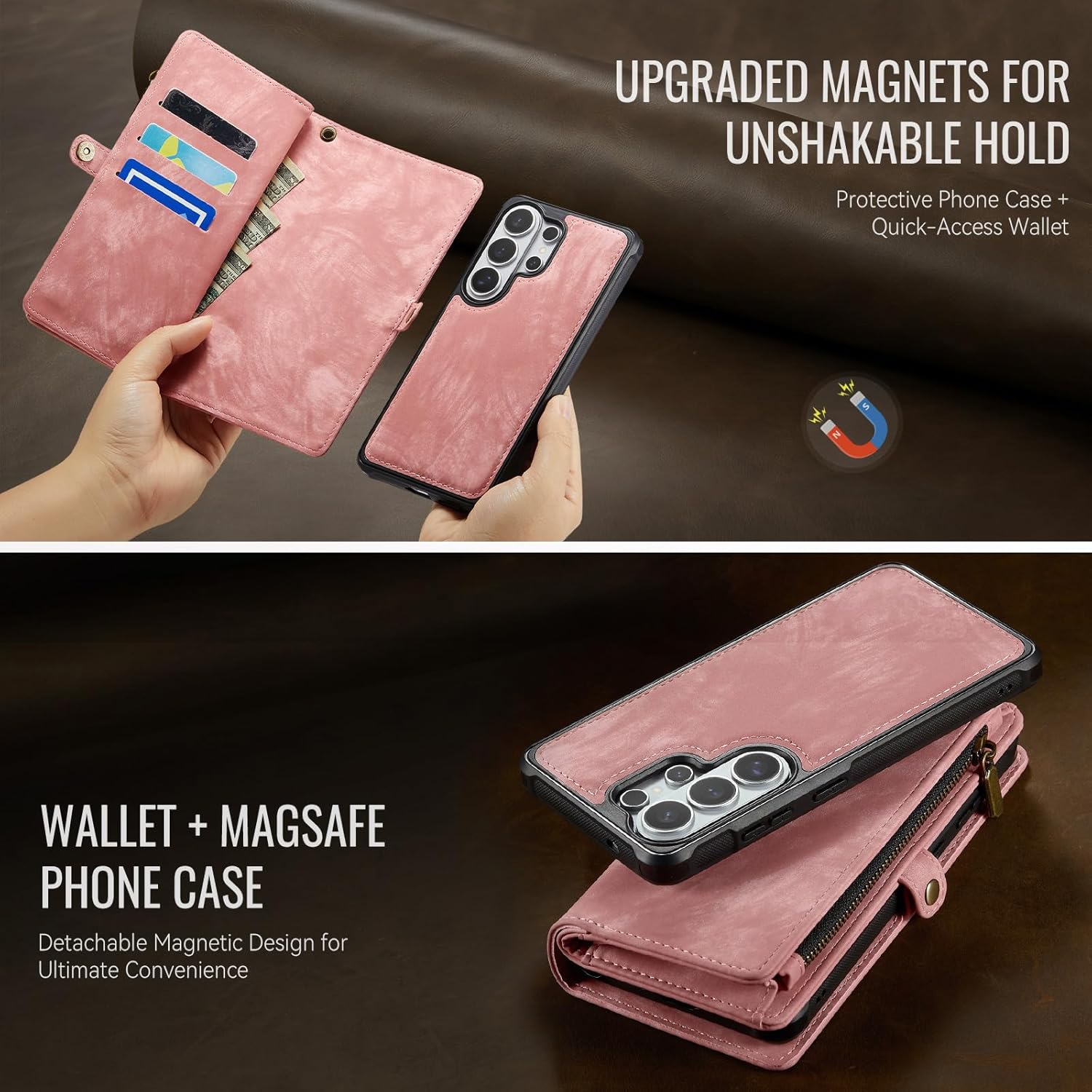 Phone Case for Samsung Galaxy S26 Ultra 5G Zipper Wallet Magnetic Detachable Cover with MagSafe Screen Protector and Flip Card Holder Cell S26Ultra 26S S 26 26Ultra SM-S948U 6.9 inch Women Men Pink