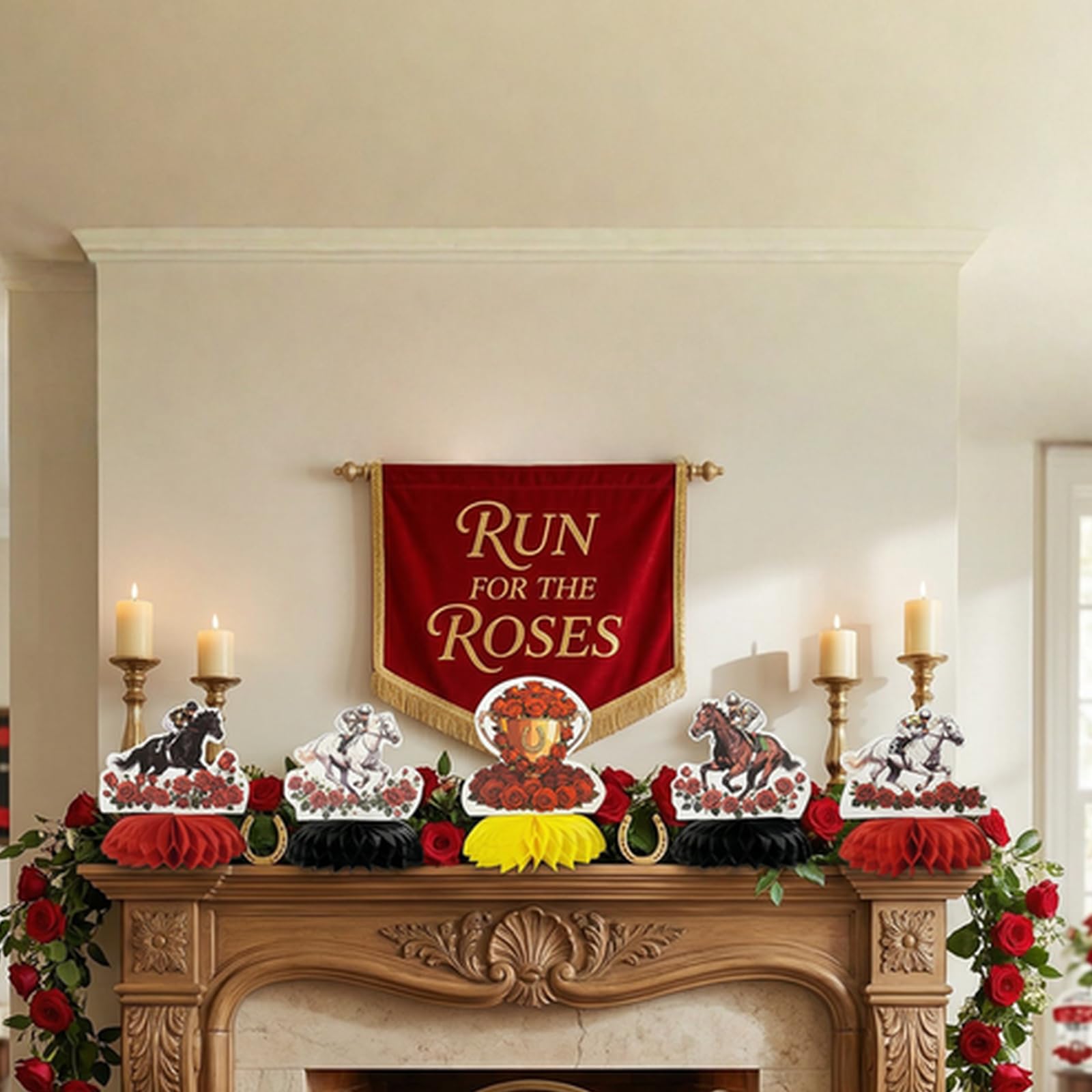 Derby Day Party Decorations, 9 pezzi centrotavola a nido d'ape con rose, forniture per feste di compleanno a cavallo, decorazioni da tavolo per baby shower