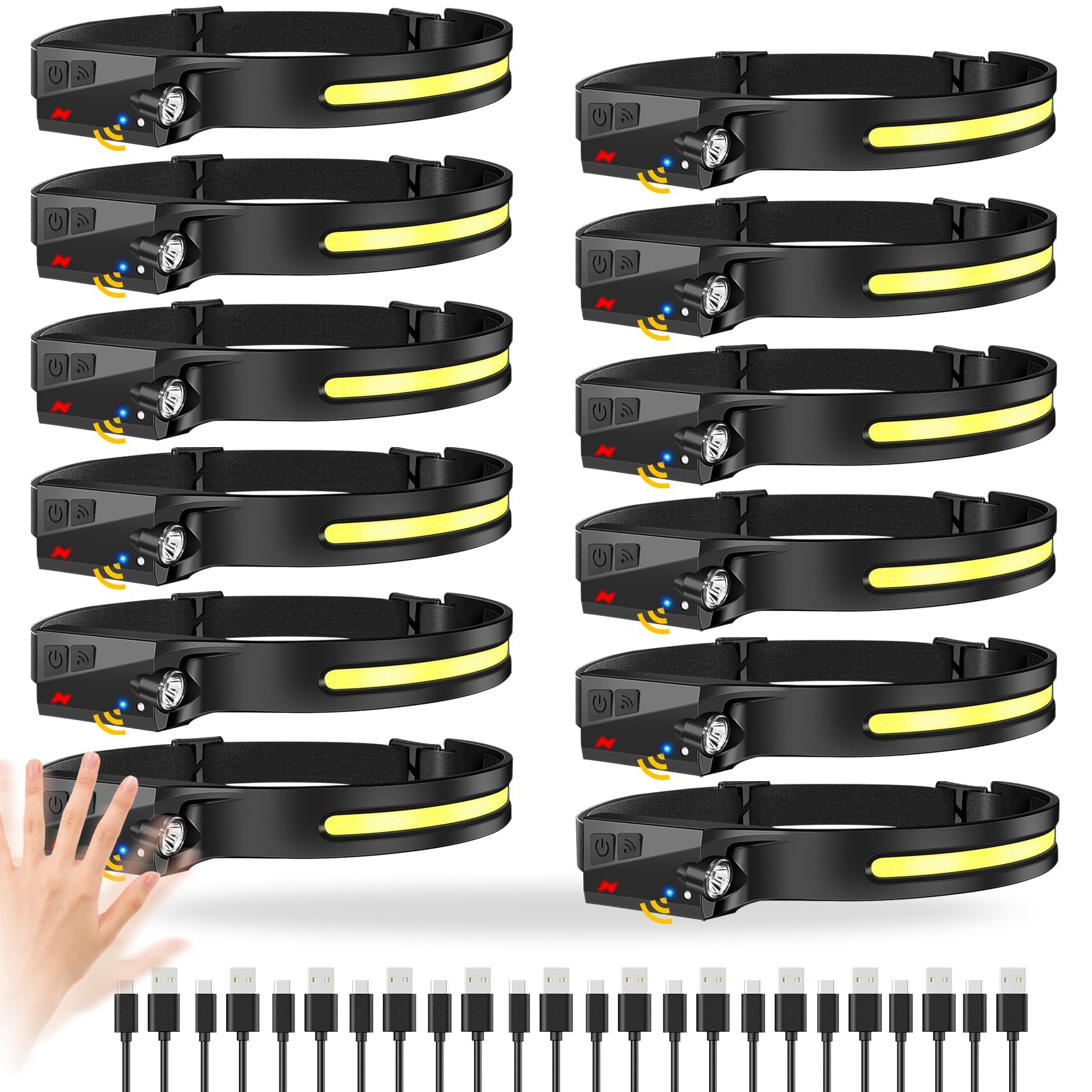 12Pack LED Rechargeable Headlamp, 1000-Lumen IPX5 Waterproof Adult Headlamp with Motion Sensor, 230° Wide Beam, 6 Modes, Lightweight, Ideal for Camping, Hiking, Running, and Cycling