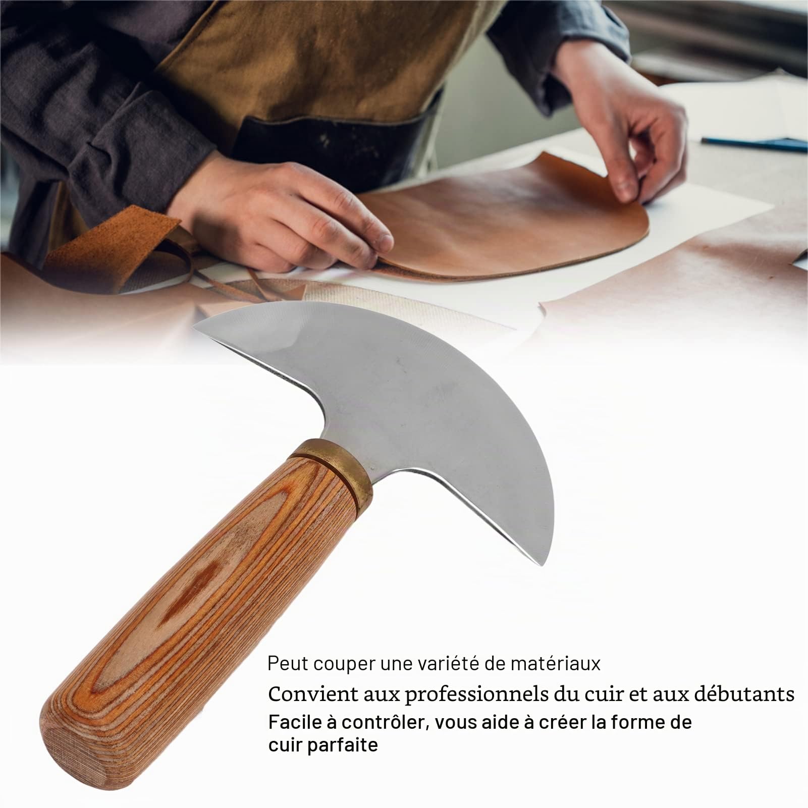 Couteau à Tête Ronde en Cuir, Couteau Rond en Cuir Demi-Lune en Acier à Haute Teneur en Carbone avec Manche en Bois de Noyer, Couteau Rond en Cuir pour Travaux Manuels en Cuir