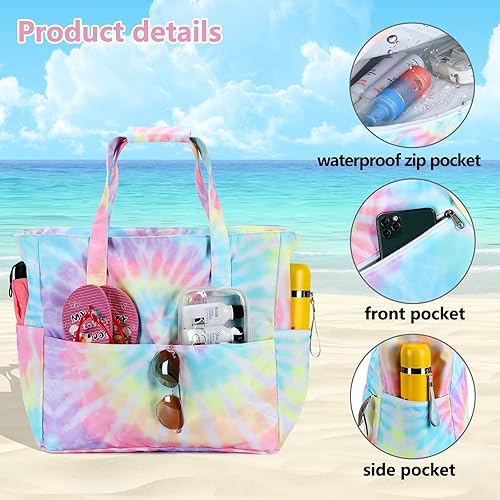 Miniatura 4 de Bolsa grande de playa con bolsillos con cremallera, bolsas de playa, impermeables, a prueba de arena, para piscina, natación, con compartimento