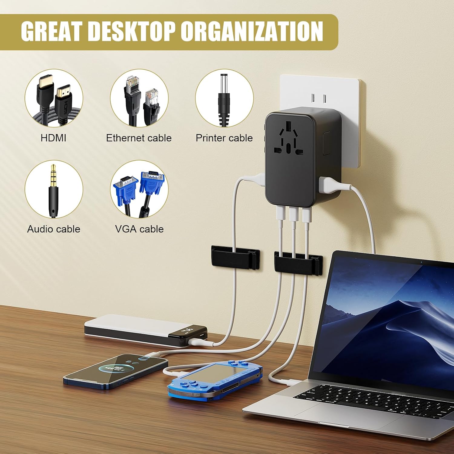 Self Adhesive Cable Management Clips, Line Clips, Cable Organizers, TV PC Line Clips, Ethernet Cable Clips Under Desks - Durable PA66 Material, Easy to Install (Black) (20)