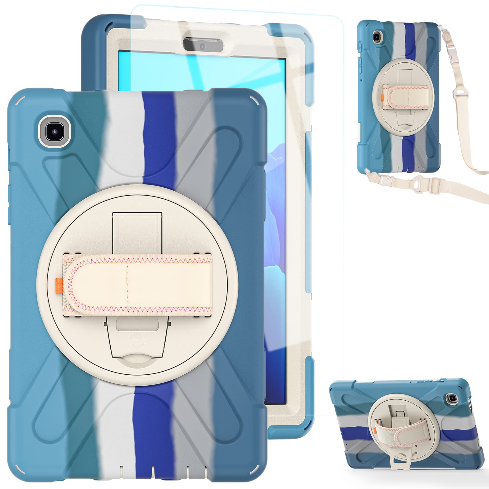 TSQ Case for Samsung Galaxy Tab A7 Lite 8.7 Inch 2021 Model SM-T220/T225/T227U with Glass Screen Protector |Full Body Protection Kids Case with Rotating Stand & Hand Strap | Colorful Blue