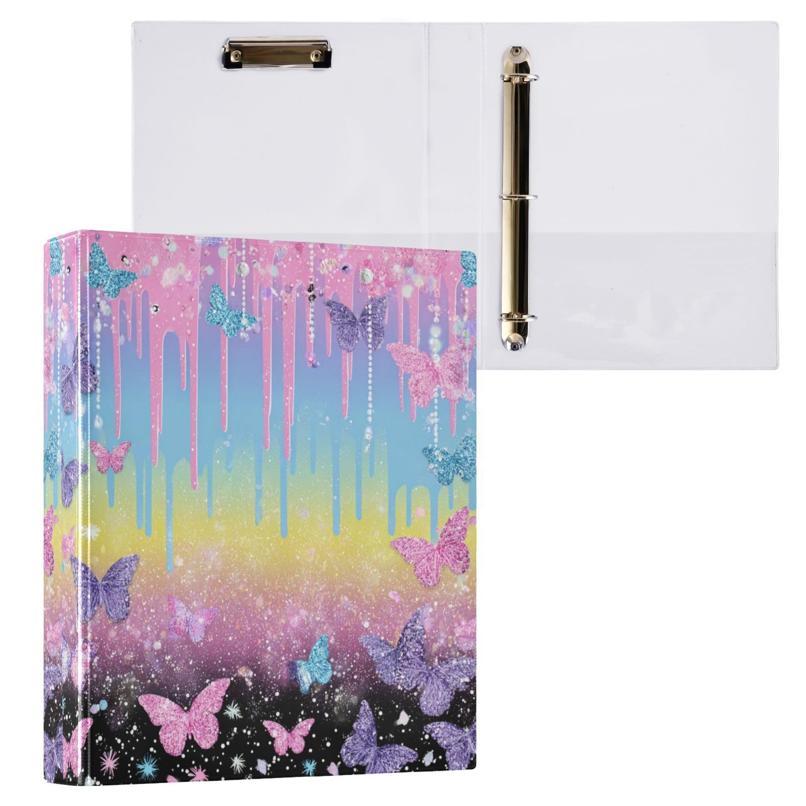 Kcldeci Raccoglitore a 3 anelli con copertina rigida per carta formato lettera, farfalle glitterate glitterate, anelli rotondi da 3,8 cm, organizer per scuola/ufficio, confezione da 2
