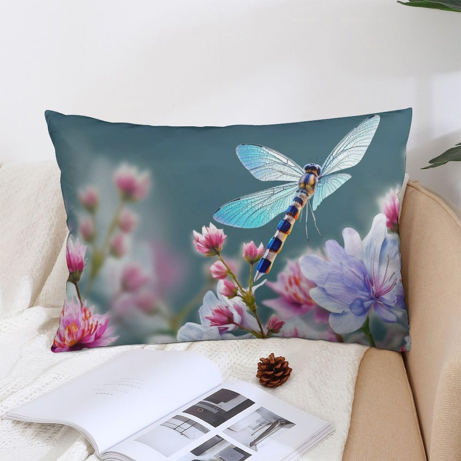 NTVOWPZO Decoration Throw Pillow Covers 12 "x20 Pillowcases Covers Dragonfly and Flowers Soft Pillowcases Modern Farmhouse Home Decor Sofa Cushions Covers for Couch Bed Living Room