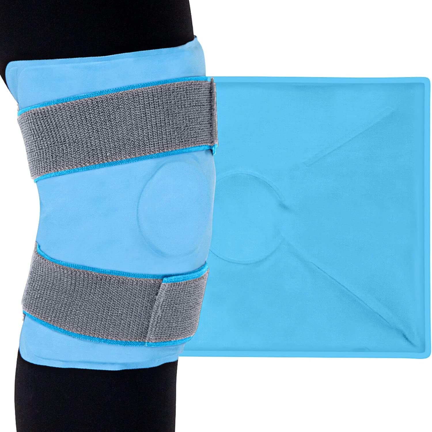 Vive Knee Ice Pack Dual Strap - Reusable Gel For Hot And Cold Therapy - Wrap Around Entire Joint After Replacement Surgery Or Injury - Cooling Compression For Pain And Swelling - Men, Women (Blue)