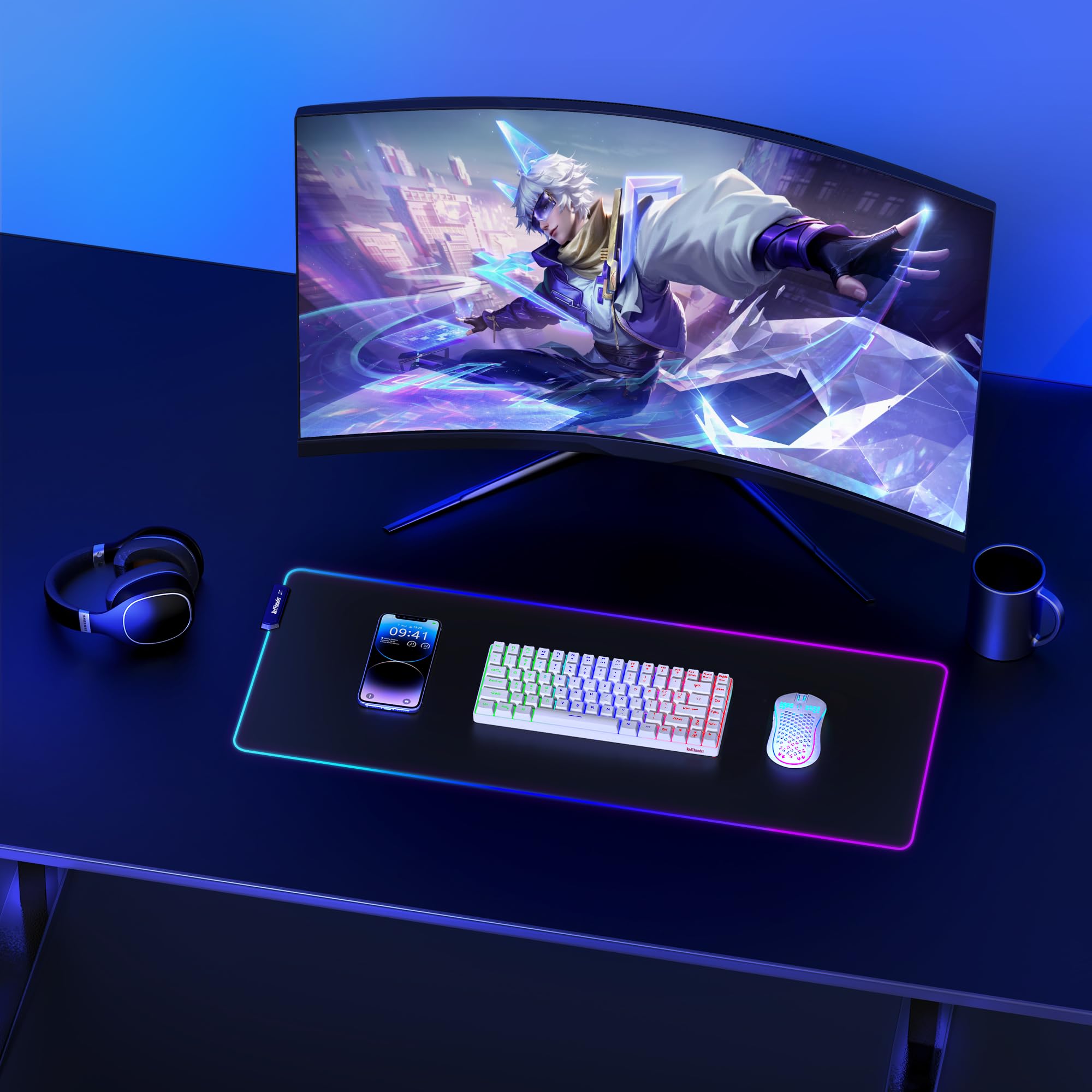 RedThunder K84 75% Wireless Gaming Keyboard and Mouse Rainbow Backlight UK Layout 85 Keys TKL Ultra Compact Mini Design Lightweight Honeycomb Gaming Mouse for PC Mac PS5 Xbox Office Gamers (White) — view 7