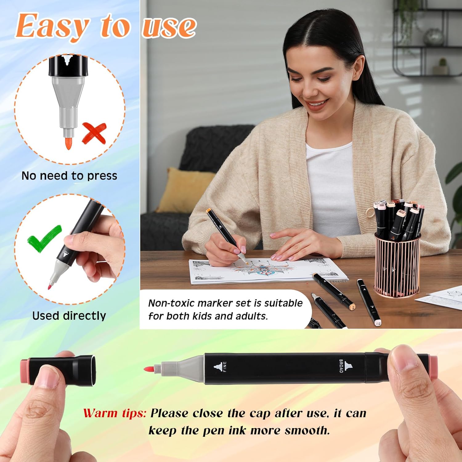 24 Colors Dual Tip Alcohol Markers Set with Storage Bag Art Markers Coloring Sketch Pens for Adults Coloring Drawing Supplies - Image 6