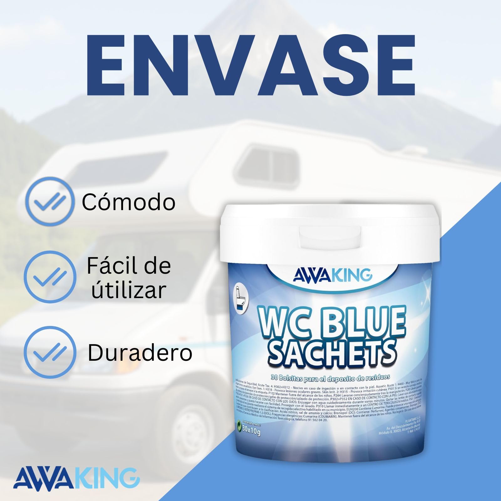 AWAKING Pastillas WC Quimico Autocaravana Blue Sachets 30ud | Limpia y Desodoriza. Fórmula Concentrada y Aroma Fresco Depósito Aguas Negras de Caravana, Limpieza profunda, Camper, Descompone Residuos.