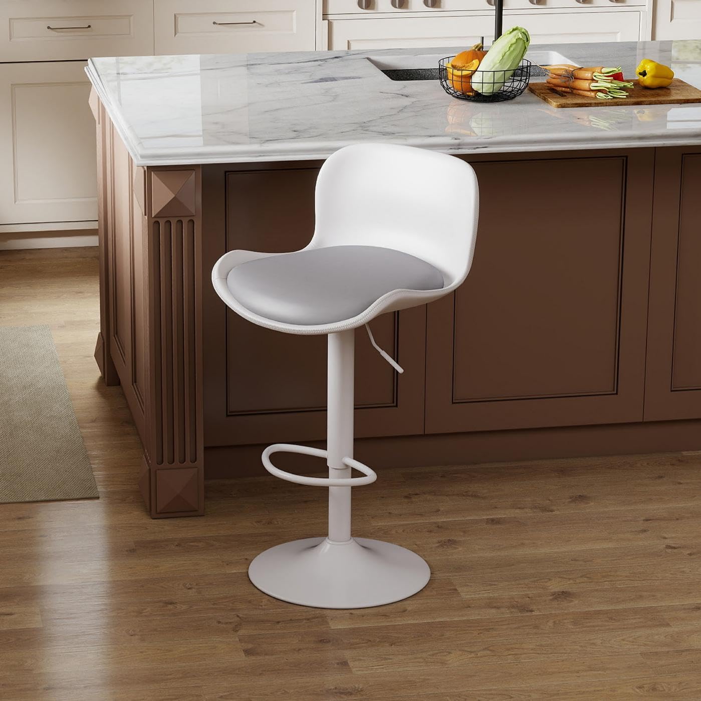 Flysky Taburete de Bar, Silla giratoria 360°, Regulable en Altura, Taburete de Bar con Respaldo y reposapiés, Taburete de Cocina imitación Cuero 120kg, Blanco/Gris