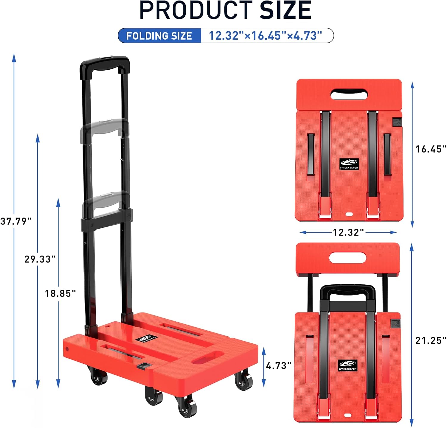 spacekeeper folding hand truck, 500 lb heavy duty luggage cart, utility dolly platform cart with 6 wheels & 2 elastic ropes for luggage, travel, moving, shopping, office use, orange